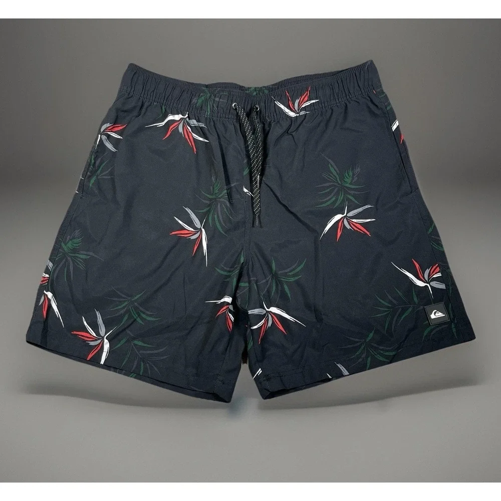 Quicksilver‎ Swim Trunks Mens L Black Floral Boxer Brief Lined Pockets Logo